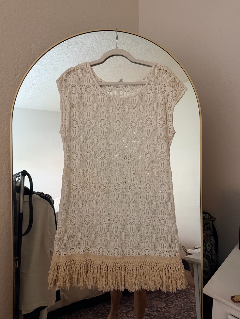Eberjey Cream Crochet Mini Dress with Fringe Trim